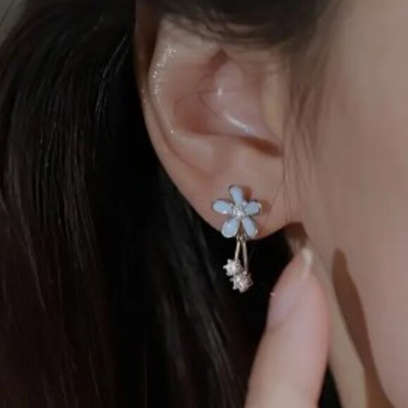 Floral Stud Earrings with Rhinestones, Stainless Steel Post Oriental Style - Picture 3 of 7